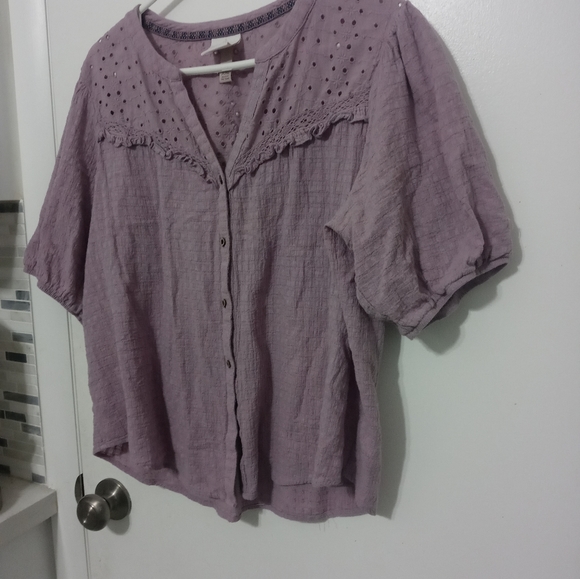 Knox Rose lilac short Balloon Sleeve Button Down peek a boo Floral Ruffle blouse - Picture 2 of 11